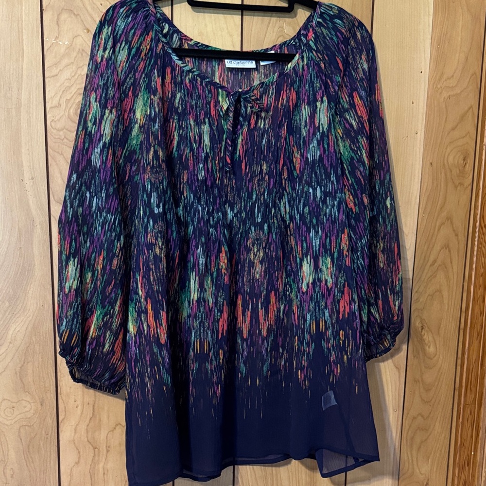 Liz Claiborne Navy Multicolor Abstract Peasant Blouse